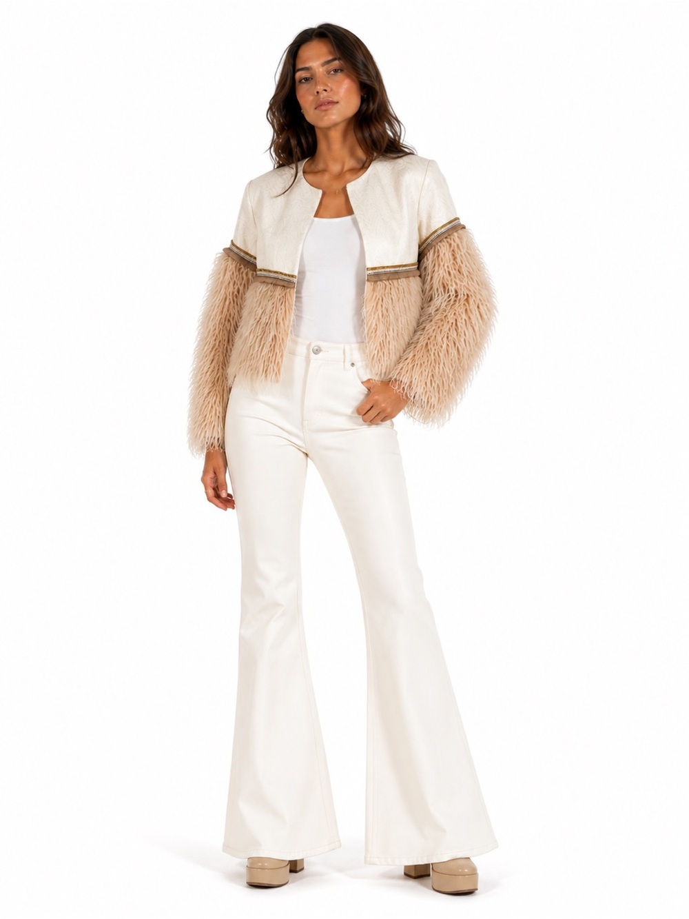 Winona Cropped Faux Fur Bolero with Knit Yoke - Cream & Beige